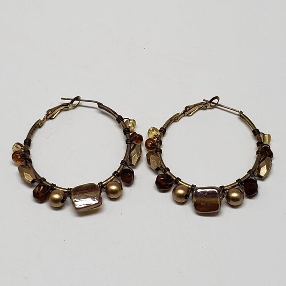 Stylish Women's Vintage Gold-tone Beaded Tie Hoop Earrings - Picture 1 of 8